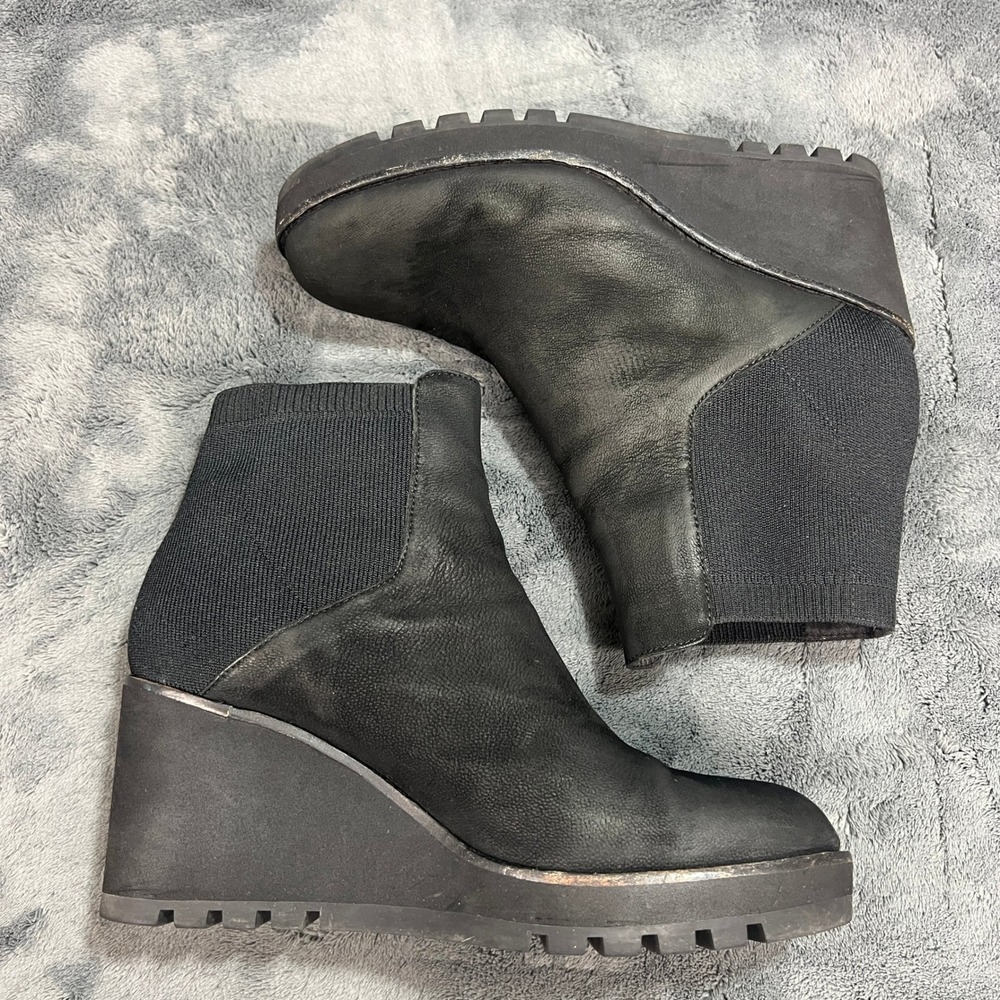 Eileen Fisher Black Leather Wedge Ankle Boots Stretch Knit Lug Sole 8.5 - Picture 7 of 12